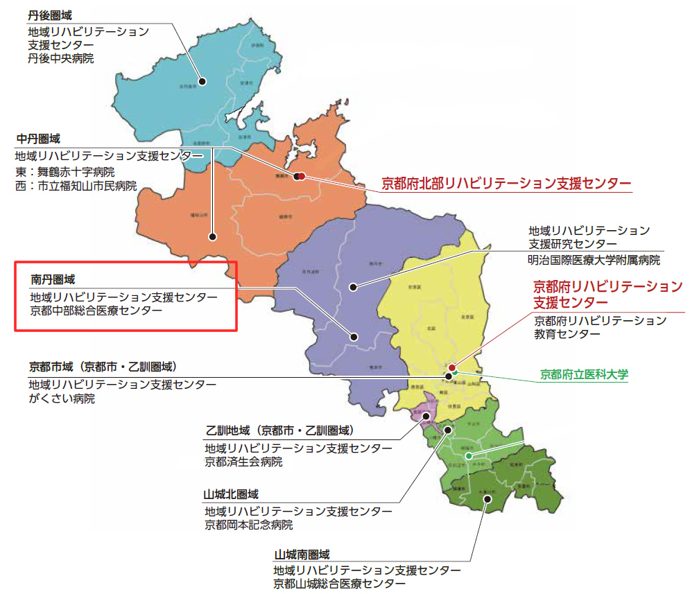 京都府の圏域地域リハビリテーション支援センターの地図